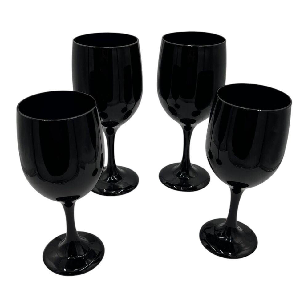 4 Libbey Premiere Black Wine Glasses Set Vintage‎ Elegant Stemware Halloween EUC